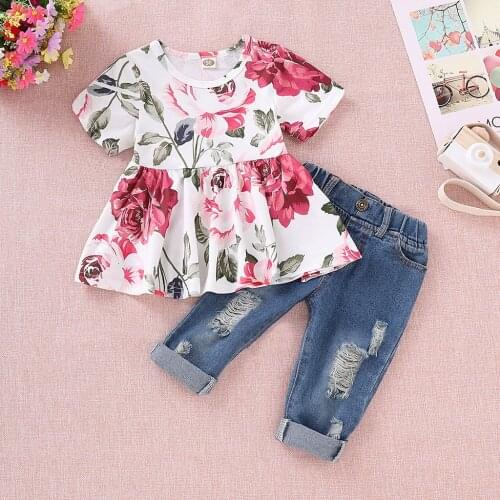 Childrens Clothing Toddler Kids Baby Girls Clothes Sets Fashion Short Sleeve Floral Crop Tops+Hole Denim Pants Kids Clothes