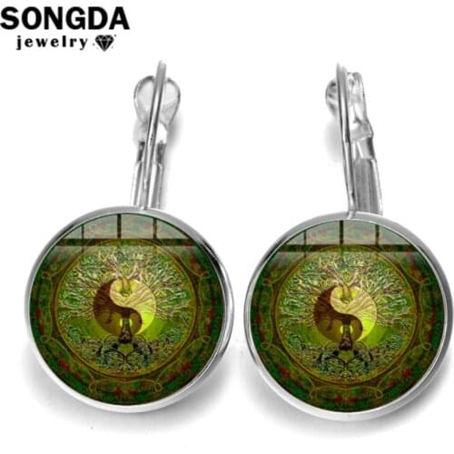 SONGDA Vintage Tree of Life Yin Yang Earrings Ethnic Green Life Tree Art Patterns Crystal Glass Drop Earrings for Women Jewelry