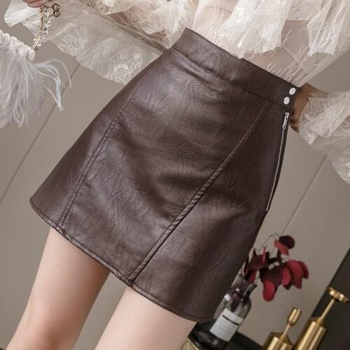 New High Waist Artificial Leather Button Zipper Women Sexy Mini Skirt Solid Black Coffee Formal A-line Women Clothes Skirts