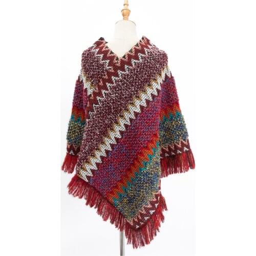 Ladies Hot Sale Ethnic Style Retro Tassel Head Cape Thick Color Striped Shawl Scarf Fashion Warm Sausell Head Cloak Thick Wine