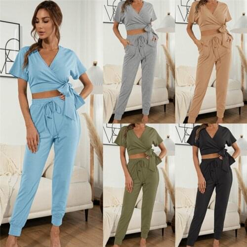Women Summer Solid Color Casual 2 Piece Outfits Hooded Design V-Neck Short Sleeve Short Top+Drawsting Pockets Decor Pencil Pants