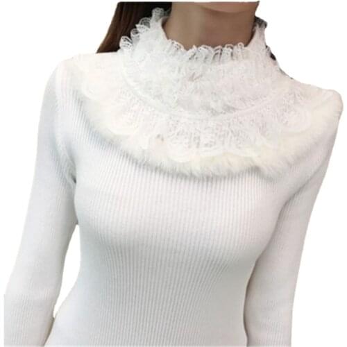 2021Autumn Winter New Lace Long Sleeve Slim Pull Knit Turtleneck Sweater Women Pullover Sweater