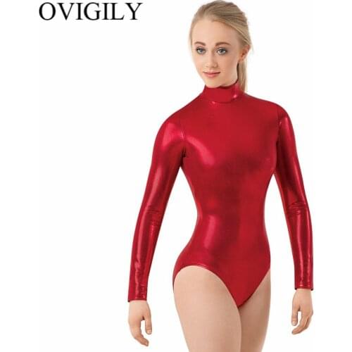 OVIGILY Silver Womens Shiny Long Sleeve Leotard For Gymnastics Girls High Neck Metallic Dance Leotards Ballet Performance Tops