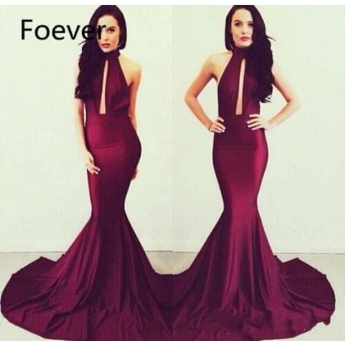 Elegant Women Mermaid Burgundy Spandex Prom Dresses Halter Backless Party Skirt Sexy Evening Gowns 2016 Summer