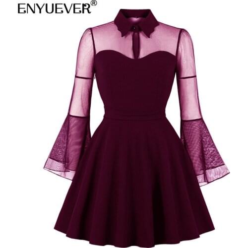 Enyuever Lolita Gothic Dress Women Vintage Clothes Mesh See Through Flared Sleeve Hollow Out Goth Dress Sexy Club Wear