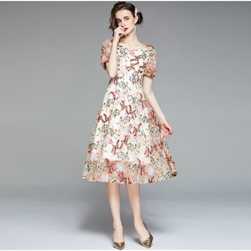 Summer Fashion Runway Mesh Dresses Women Embroidery Flowers Midi Vintage Party Dress 2021 New