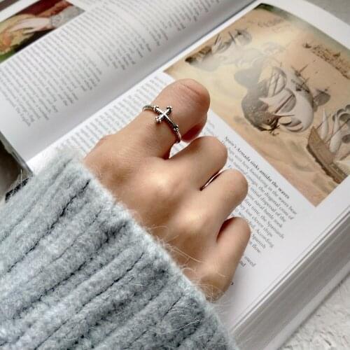 Womens Authentic S925 Sterling Silver Fine Jewelry Retro Cross Religion &beads open Ring J366