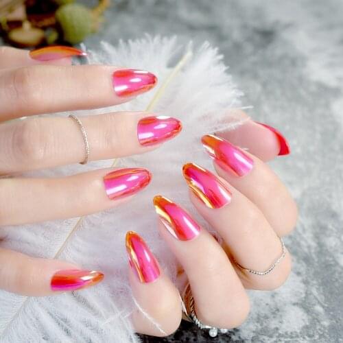 Colorful Medium Long Fake Nails Shinny Almond Duo Chrome Press On Manicure Fashionable Pre-desiged False Nail 24CT