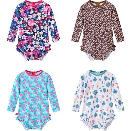 Baby Swimwear Summer Infant Girls One Piece Swimsuit Fashion Floral Leopard Beach Wear Cute Ruffle Long Sleeve Bathing Clothes