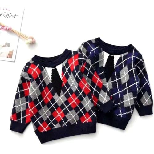 Kids Sweater Plaid Round Neck Thick Warm Knitting Hem Blouse College Style Autumn and Winter Clothing Kids Boys Sweater Tops