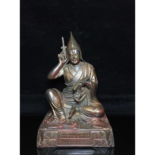 Home Decor 12" Tibet Buddhism Temple Old Bronze Cinnabars Tsongkhapa Statue Amitabha statue Shanhui is auspicious