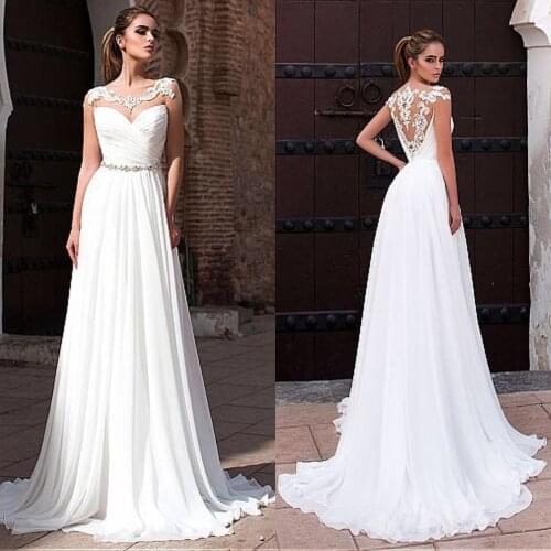 Elegant Scoop Chiffon Wedding Dress Appliques Illusion Back A-Line Ruched Bridal Dresses Custom Made See Through Design