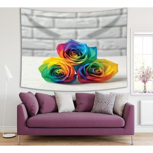 Tapestry Rainbow Rose Flowers on Table Summer Blooms Flowers Nature Theme Yellow Blue Red