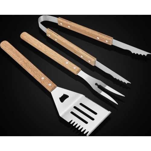3pcs Stainless steel BBQ Tools Oak Wood handle Barbecue Grill Tool Set Tong Fork Spatula Kitchen Picnic Barbecue Accessories