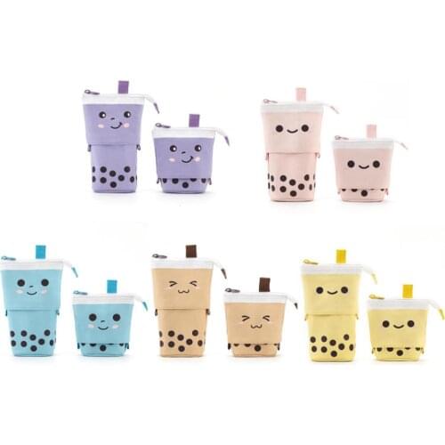 Creative Cute Cartoon Milk Tea Telescopic Pen Bag Pencil Holder Stationery Stand Up Pencil Case Pen Box School Office Supplies