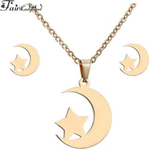 Fairladyhood Star And Moon Sweater Chain Necklace and Star And Moon Earrings Custom Stainless Steel Jewelry Set