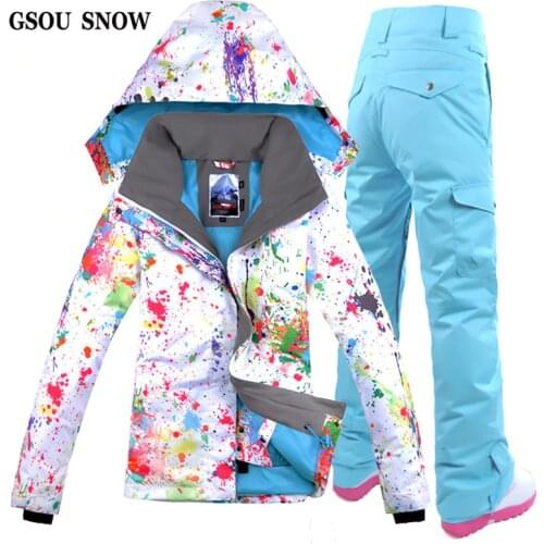 New Women Ski Suit Gsou Snow Band Snowboard Skiing Jacket + Pants Windproof Waterproof Outdoor Sport Wear Camping Riding Warm