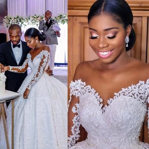 Long Sleeve Ball Gown Wedding Dress Illusion Custom Made Top Pearl Beaded Lace Bridal Gown Vestido De Noiva