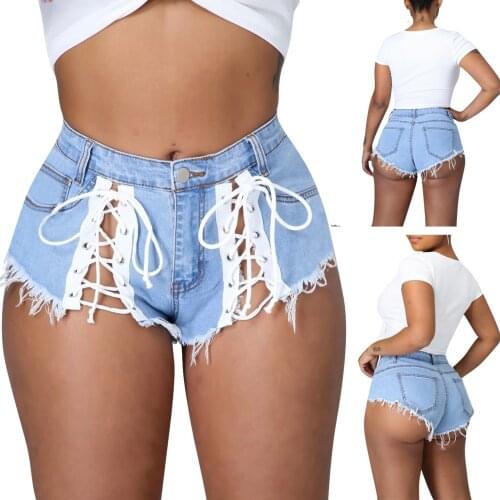 Sexy Bandage Denim Shorts Summer Hollow out Mini Jeans Women Fashion Clubwear Streetwear Tie Front Y2k Pants 2021 Clothing