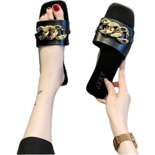 2021 Slippers Women Summer Ladies Square Toe Flat Slides Fashion Woman Metal Decoration Female Womens Sandals Beach Lady Shoes