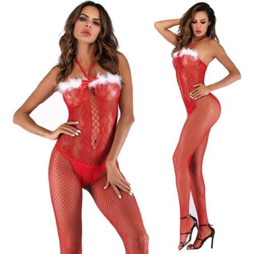 Sexy lingerie sex toys for woman open crotch netting tight teddy bodysuit temptation Red Christmas Night sexy underwear costumes