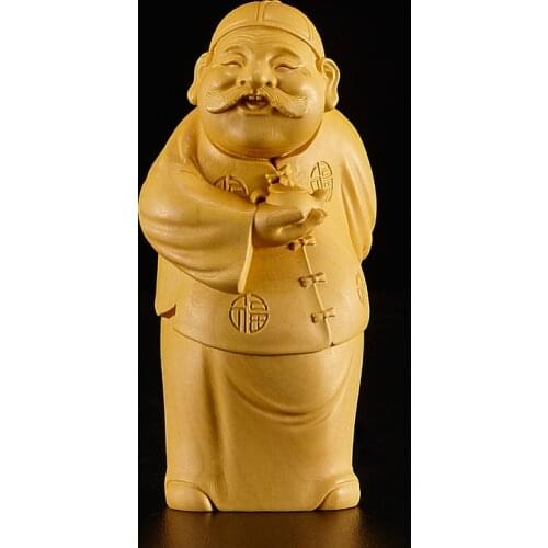 XS261-12 CM Hand Carved Boxwood Carving Wealthy Man Figurine Lucky Feng shui Statue-Home Decor Collection Ornaments