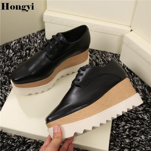 New Zapatillas Deportivas Mujer High Platform Shoes Fashion Square Toe Thick Brogue Vintage Flat Heels Casual Shoes
