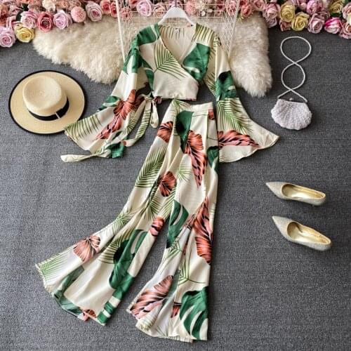 Spring Autumn Fashion Suit V-neck Temperament Short Printed Top Flare Sleeve + High Waist Wide Leg Pants Split Long Pants C100