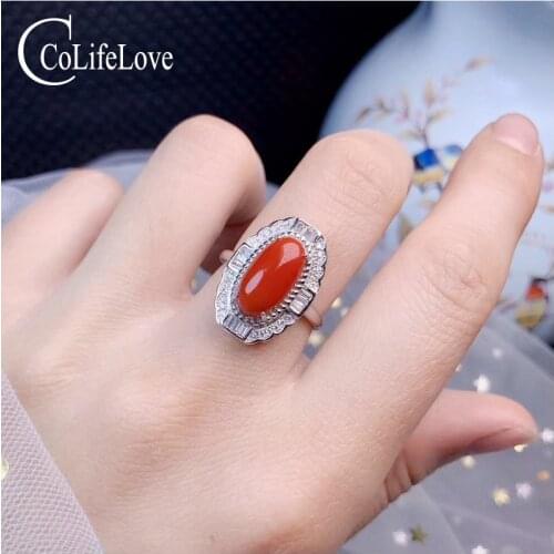 CoLife Jewelry Vintage Red Coral Ring for Party 6mm*12mm Real Precious Coral Silver Ring Sterling Silver Red Coral Jewelry