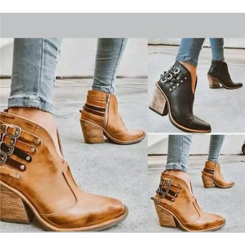 2021 Female Autumn Winter PU Leather Cowboy Ankle Boots Bukle Women Wedge High Heel Booties Botas Mujer