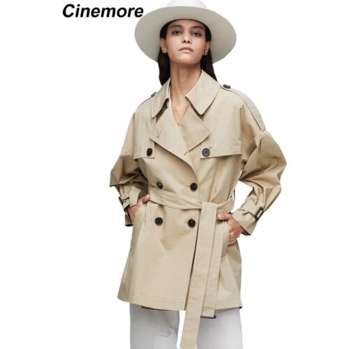 CINEMORE 2021 New Trench Coat Women Spring Autumn Top Double Breasted Short Lapel Collar Jacket Belt Fashion Women Clothes 9010