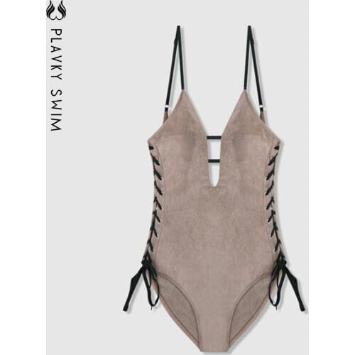 Special Fabric Deep Plunge One Piece Swimsuit Women Sexy Side Tie Up Bandage Cut Out Swimwear Bath Suit 2021 Monokini Bodysuit