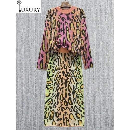 Fashion Autumn 2020 Spring Sweater Suits Women Leopard Print Long Sleeve Pullovers+Mid-Calf Knitted Skirt Set Female Knitwear