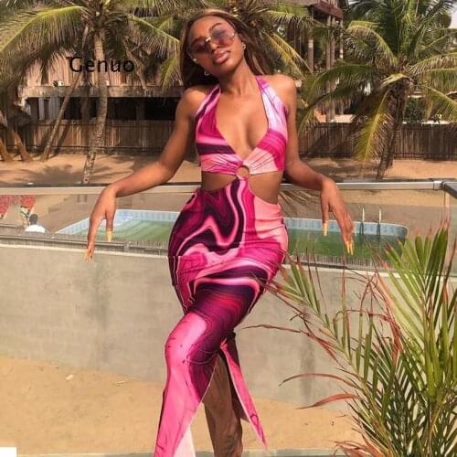 Sleeveless Halter Bandage Sexy Slit Maxi Dress Summer Women Fashion Vintage Print Hollow Out Party Clothing