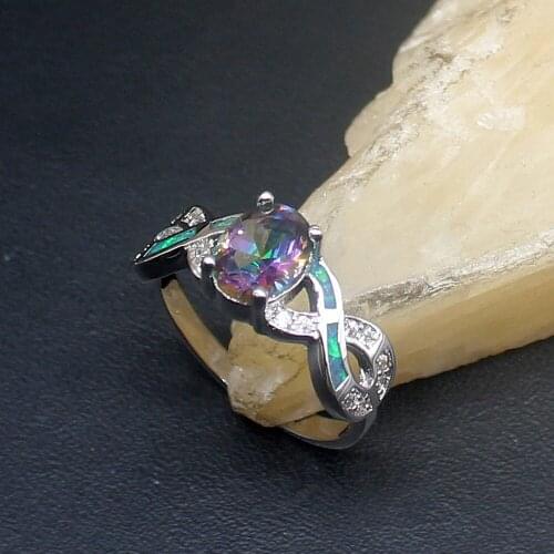 Hermosa Blue Opal Fire Mystical Topaz Genuine 925 Silver Band Ring Wedding Engagement Gifts for Women Size 7# 20214377