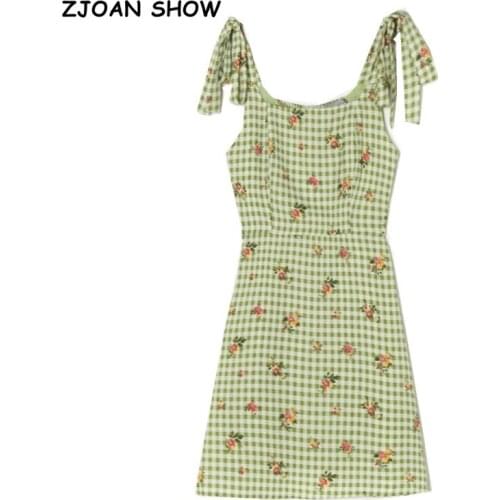 2021 Vintage Green Flower Plaid Print Women Dress Bandage Tie Bow Strap Sleeveless Mini Dress Sexy Beach Holiday Robe