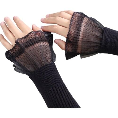 1 Pair Korean Women Girls Fake Flared Sleeves Lace Pleated Ruched False Cuffs