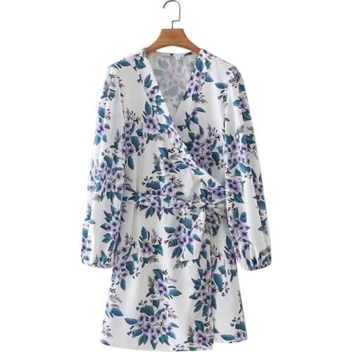 2021 Summer New French Print Lacing Dress One-piece Lacing Slim V-neck Lantern-Sleeved Skirt