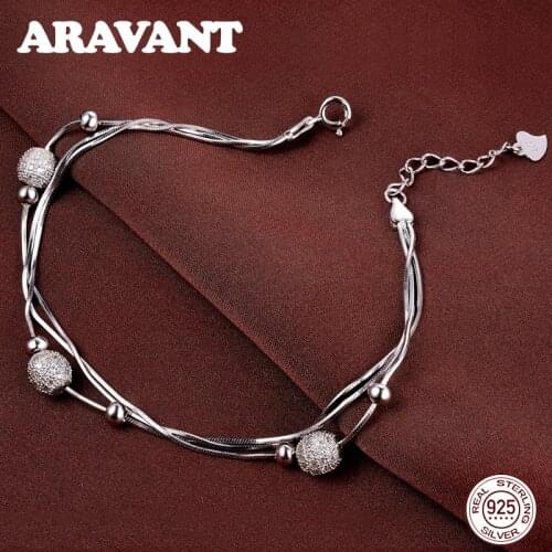 925 Sterling Silver 3 Layers Snake Chain With Scrub Ball Charm Bracelets Chain Adjustable Bracelet For Women Wedding Jewelry
