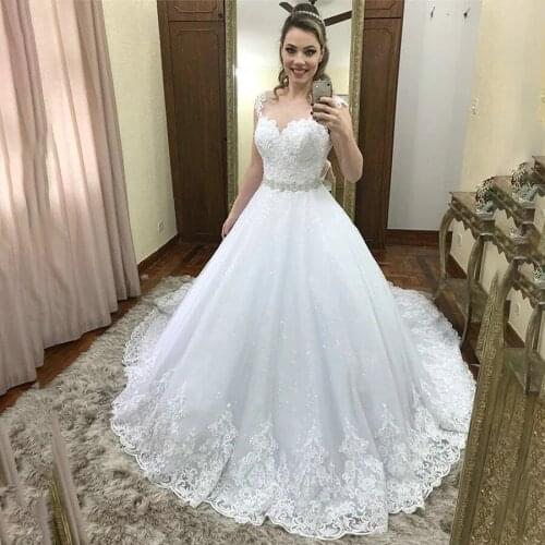 Shiny Lace Wedding Dresses Ball Gowns for Bridal Gowns with Belt Beaded Hand Made Huge Bow Back Sexy vestidos noiva