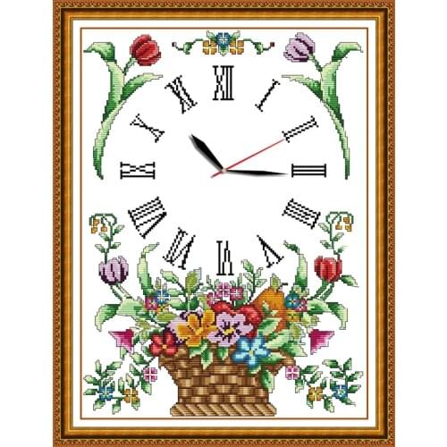 Flower basket clock cross stitch kit 14ct 11ct count print canvas wall clock stitching embroidery DIY handmade needlework
