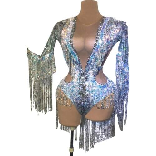 Sparkly Rhinestones Sequin Tassels Bodysuit Stretch Long Sleeve Leotard Nightclub DJ Singer DS Costume Party Show Stage Outfits