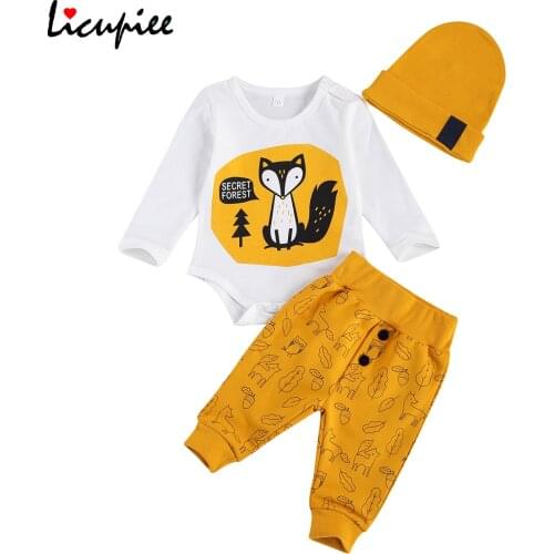 Fox Baby Clothing Set Cotton Newborn Baby 3-piece Outfit Set Cartoon Fox Print Romper+pants+hat Set for Kids Boys 0-18 Months