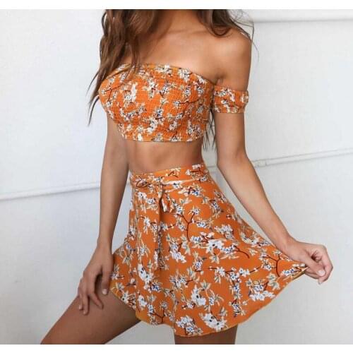 Two piece set boho beach Style print Hollow Out summer dress women Off shoulder mini dress short dress vestido