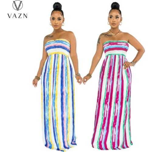 VAZN 2021 Hot Popular Striped Sexy Strapless Sleeveless Chiffon Long Dress Holiday Joker Young Women For Evening Robe