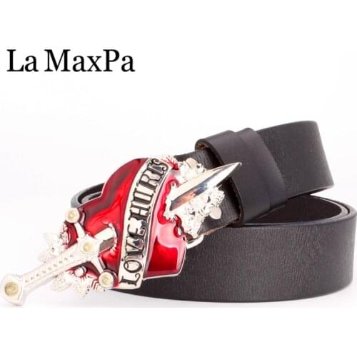 Fashion LOVE mens belt sword buckle cowhide leather belt Love hurts red heart buckle belt heavy metal rock punk waistband