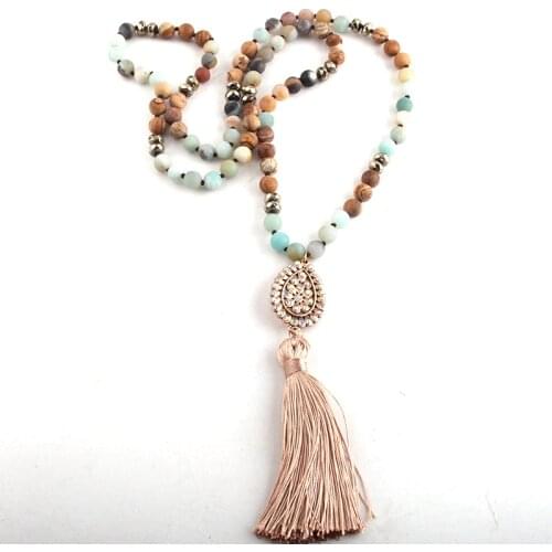 RH Fashion Bohemian Tribal Jewelry Mix Color Crystal Stone Long Knotted Metal Links Tassel Necklaces For Women