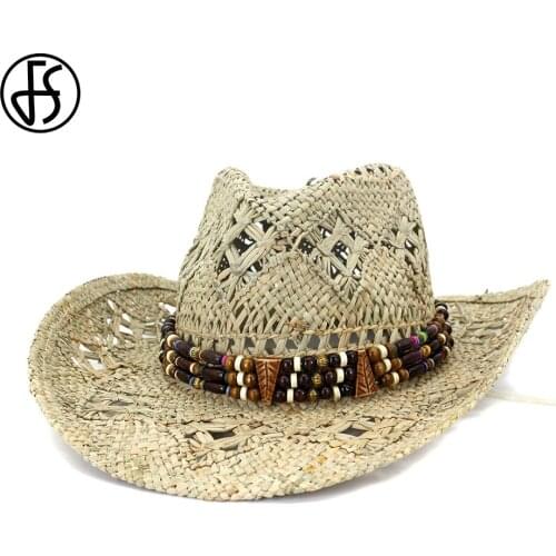 FS New Summer Men Handmade Straw Hats Wide Brim Western Cowboy Hat Women Solid Hollow Sun Shade Beach Cap Sombrero 2020