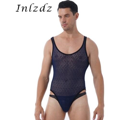 Mens Lingerie Sexy Wrestling Singlet Athletic See-through Mesh Hot Bodysuit Underwear Round Neck Sleeveless Leotard Nightwear
