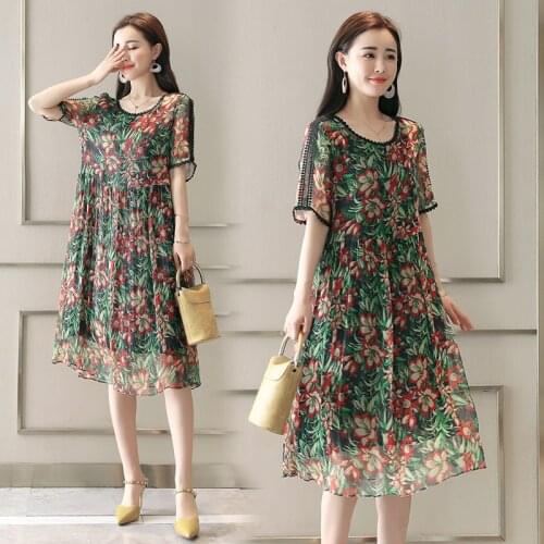 2020 New Summer Women Clothes Fashion Imitation Silk Loose Floral Print Dress Female Plus Size 4XL A Line Dresses Vestidos L14